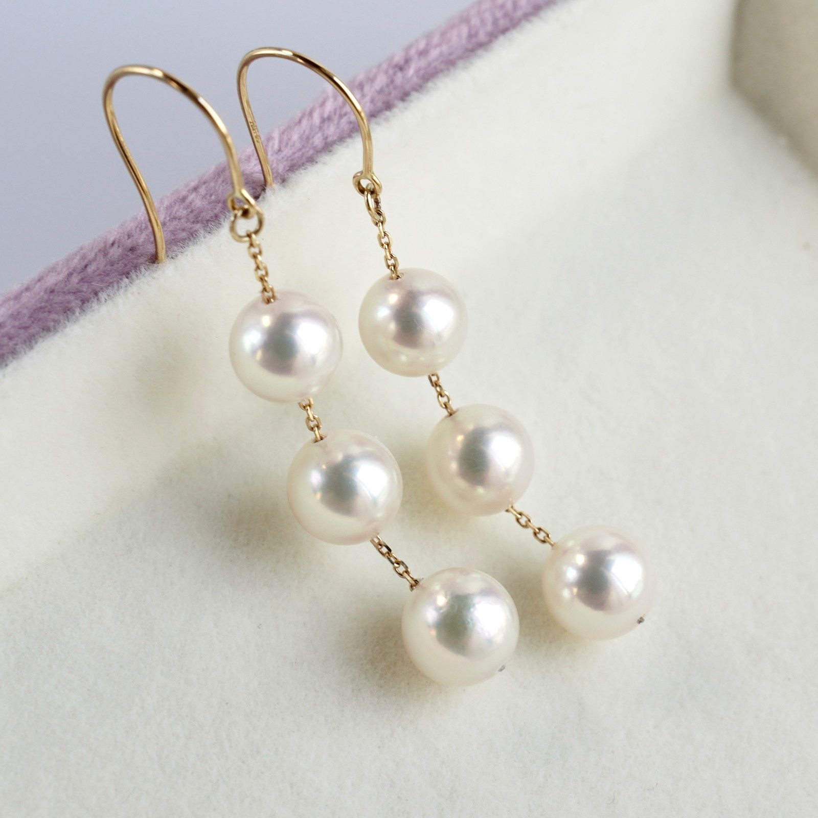 AAA 6.5-6.9MM White Japanese Akoya Pearl Long Earrings 18Kt Yellow Gold, 1.7″