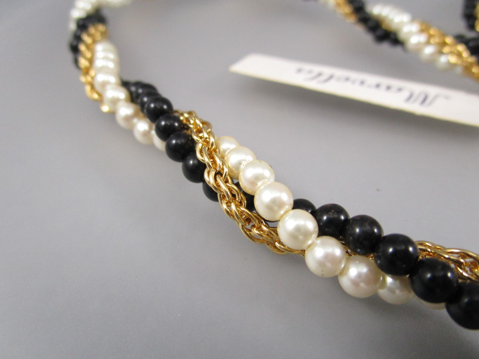 NOS Vintage MARVELLA Black Beads Gold Wrapped Chain Faux Pearl 24″ Necklace 8052