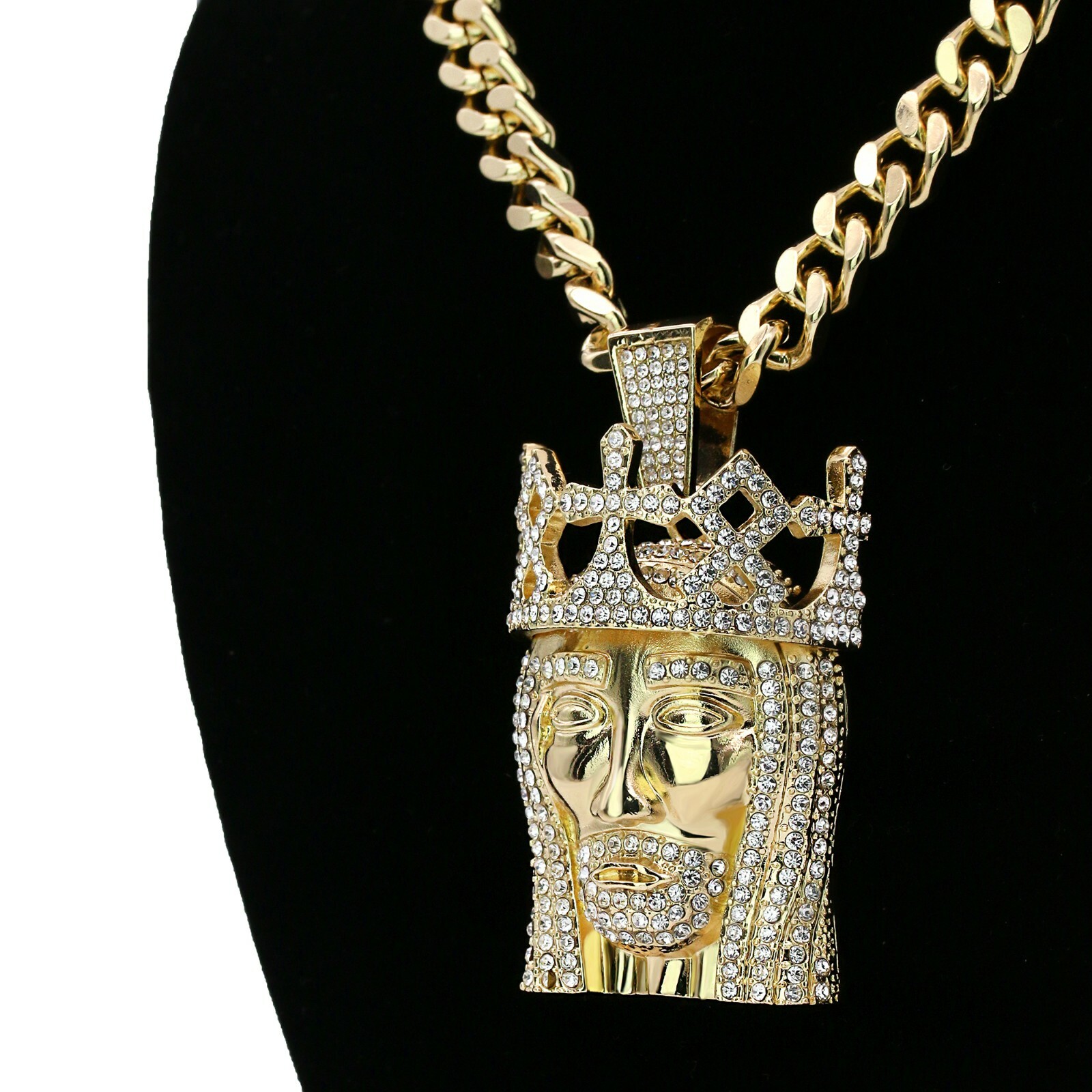 14k Gold Plated XL Jesus Royal Crown Pendant 30″ Cuban Link Chain Cubic Zirconia
