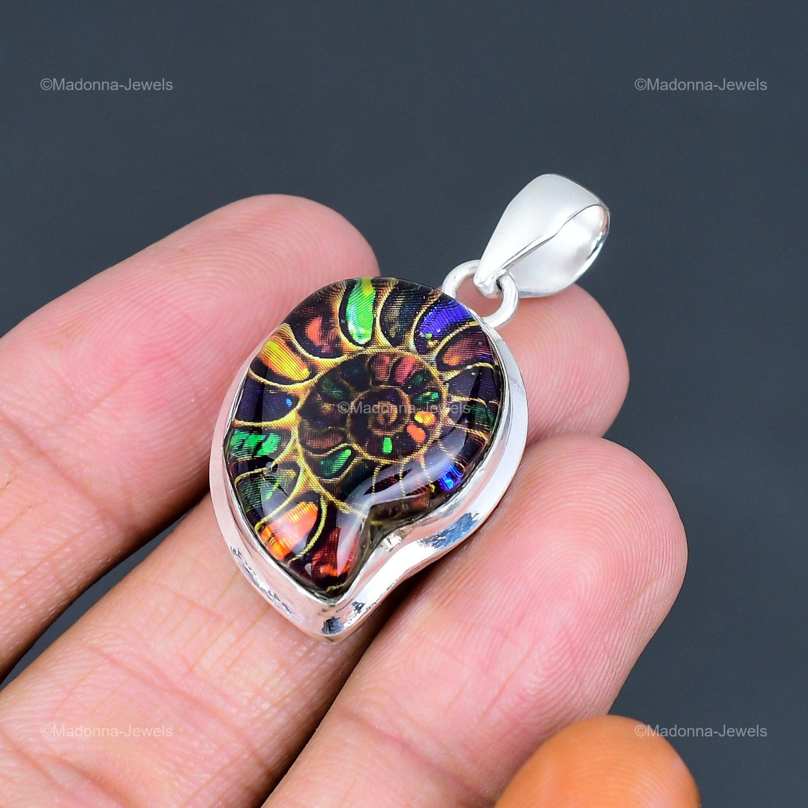 Halloween Sale 925 Sterling Silver Natural Multi Shade Ammonite Fossil Pendant