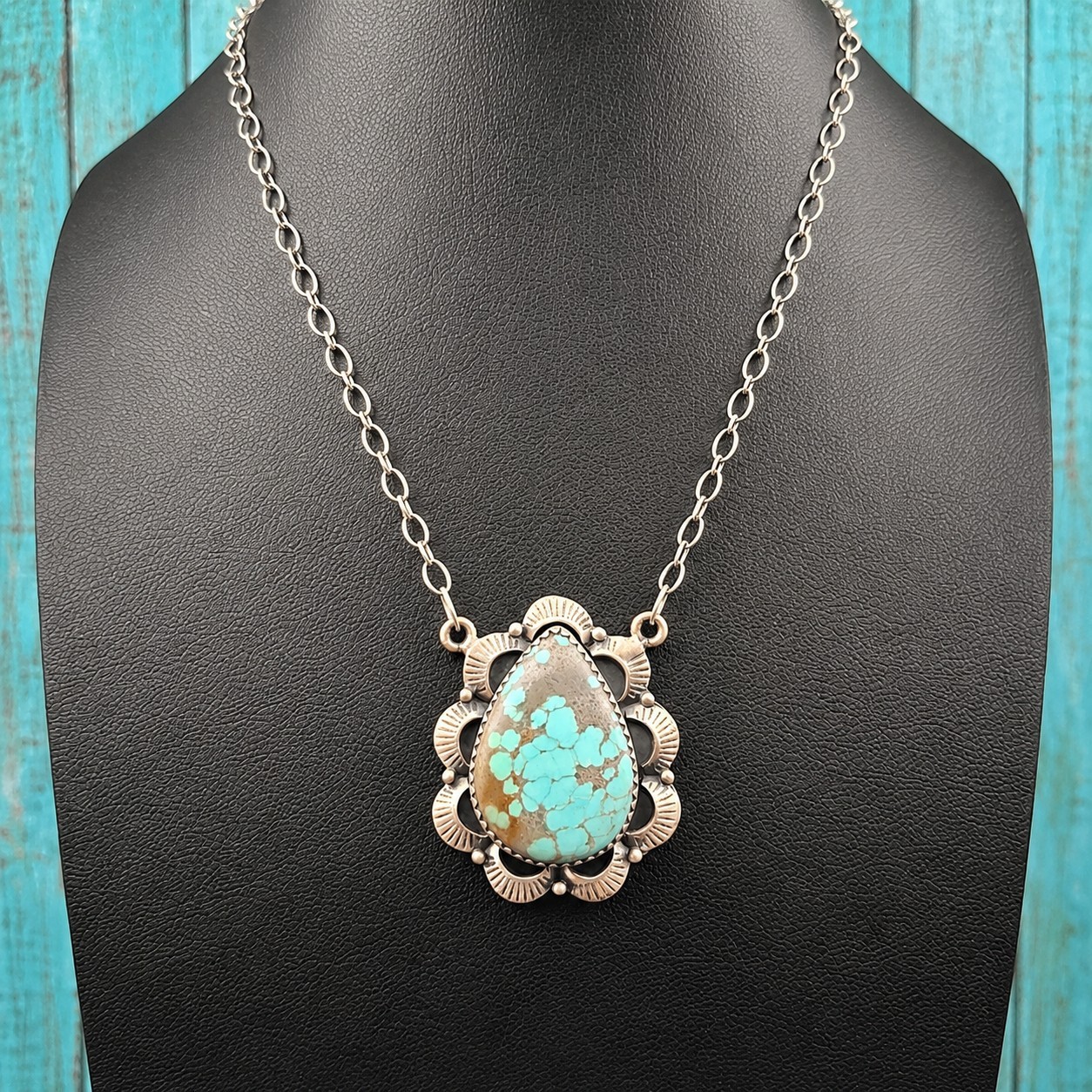 Number 8 Turquoise Sterling Silver Necklace Southwestern Native Style 14-21″
