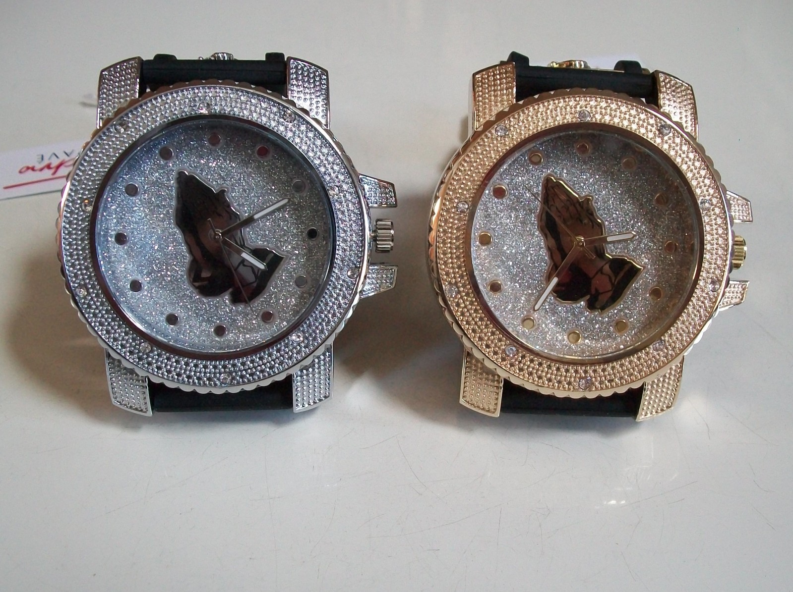 MEN’S BLACK, SILVER & ROSE GOLD GLITTER PRAYING HAND SILICONE BAND FASHION WATCH