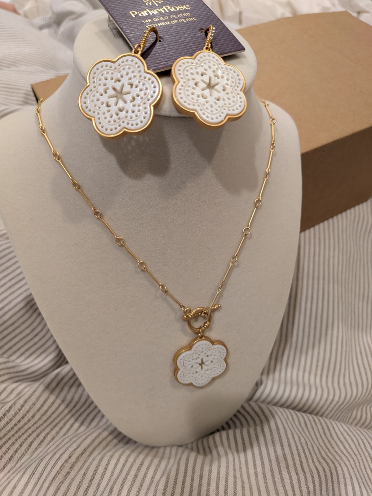 14k gold plated Parker Rose Mother of Pearl Necklace and earrings set