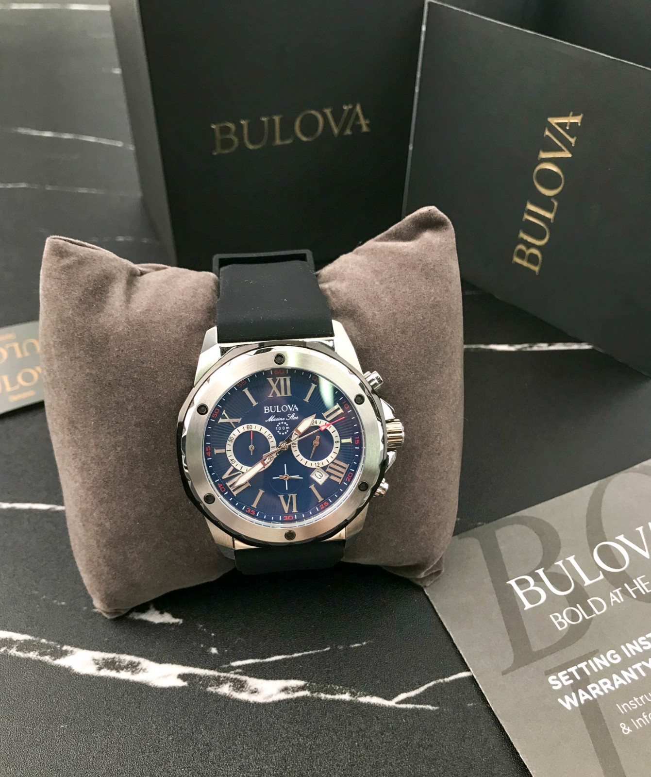 Bulova Marine Star 98B258 Blue Dial Black Silicone Strap Watch for Men 44mm
