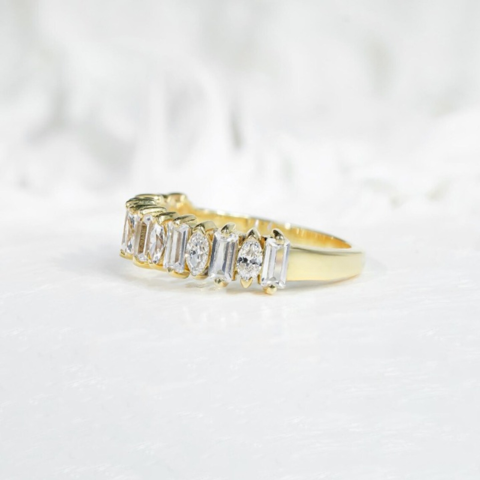 Solid 14k Yellow Gold 2.50mm Baguette & Marquise Lab Grown Diamond Wedding Band