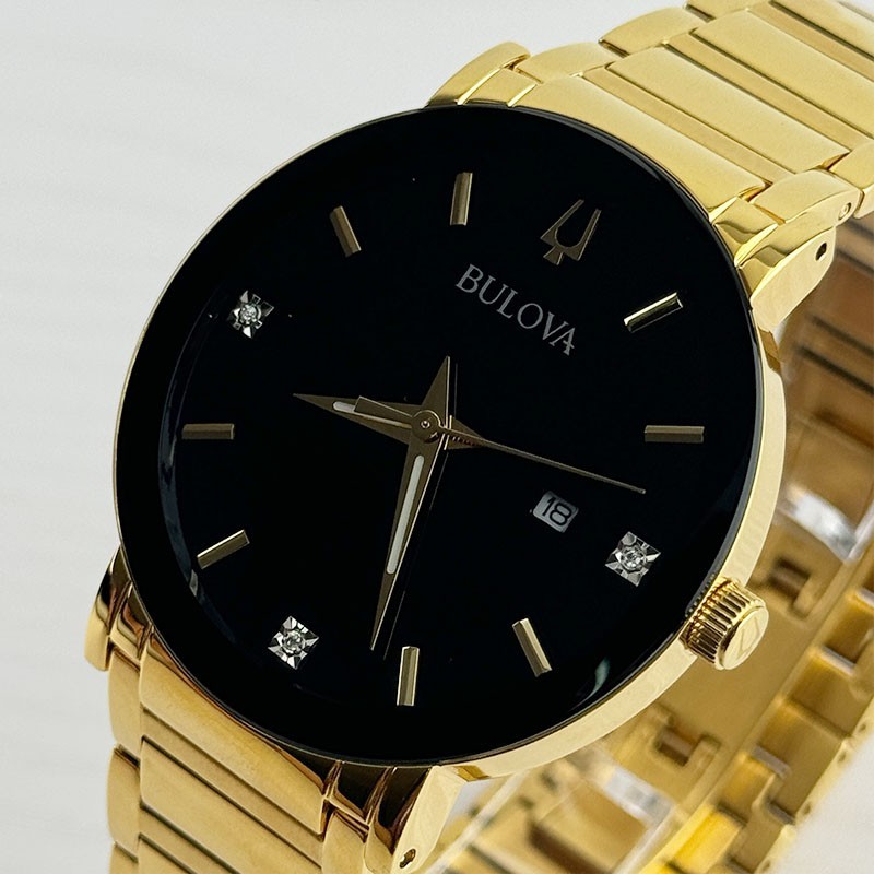 Bulova Modern 97D116 Black Diamond Dial Gold Bracelet Men’s Quartz Watch 42mm
