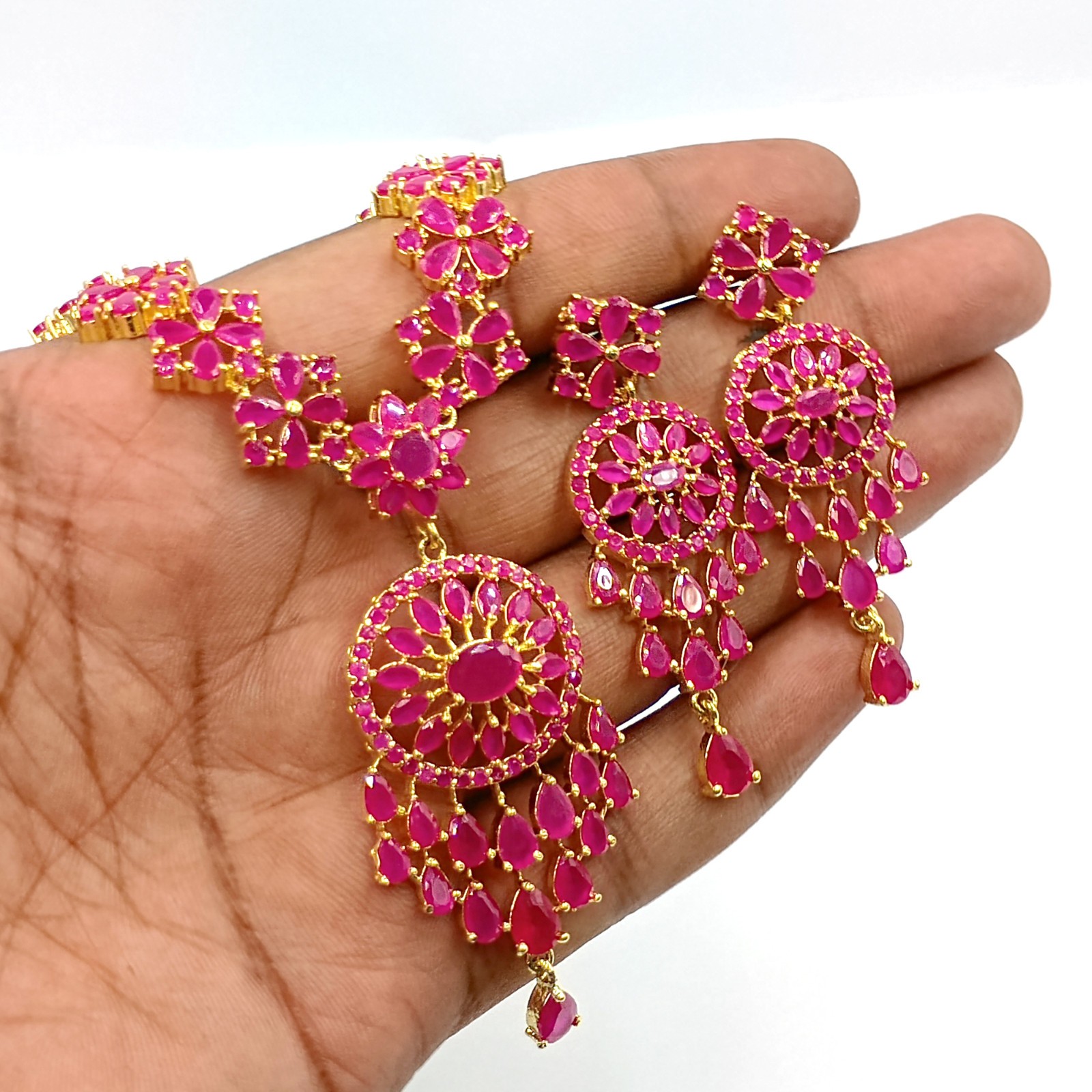 Traditional Ruby Necklace Set 22k Gold Plated Indian Bridal Jewelry For Women’s