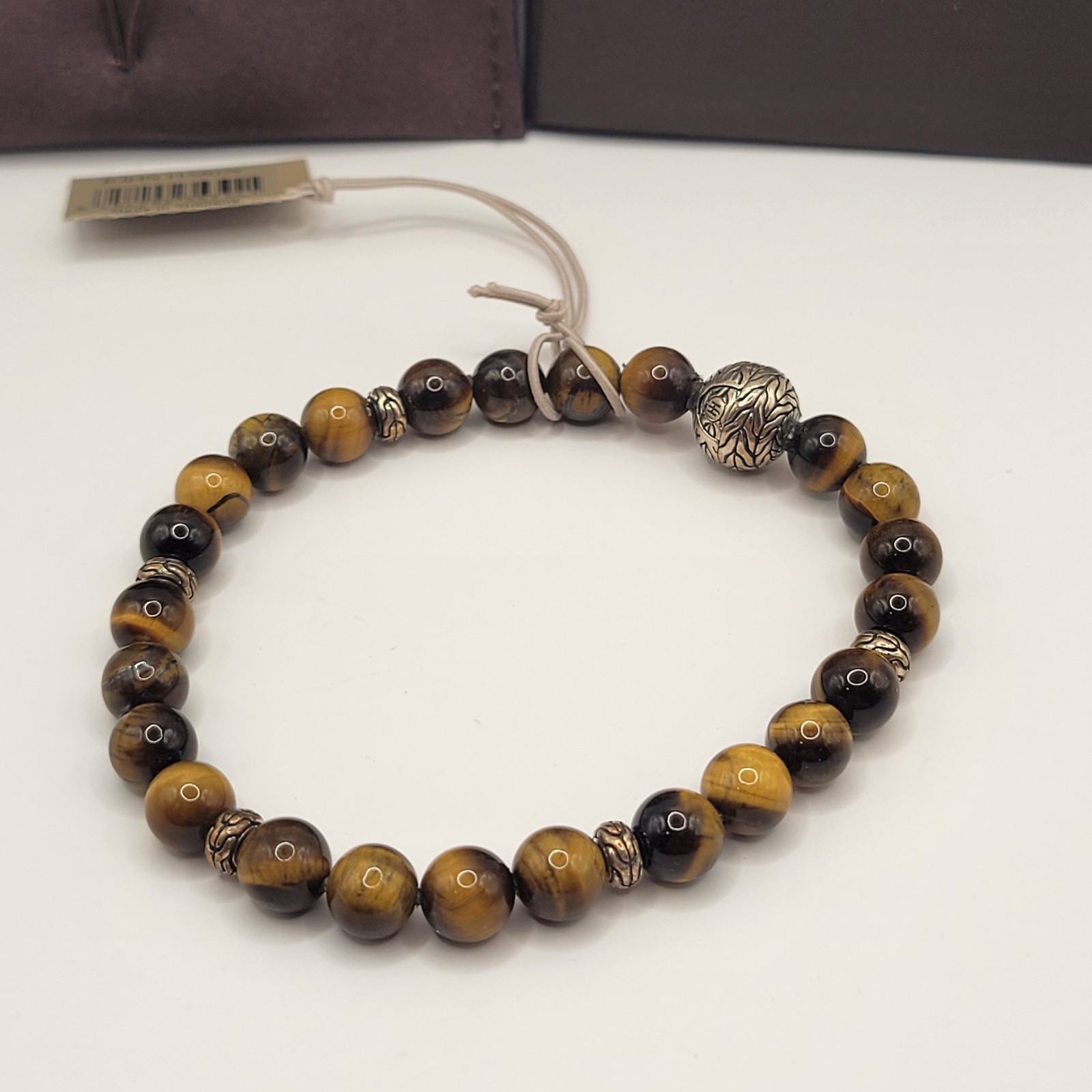 JOHN HARDY Men’s Sterling Silver Bead BRACELET w/8mm Tiger Eye Pusher Clasp SZ L