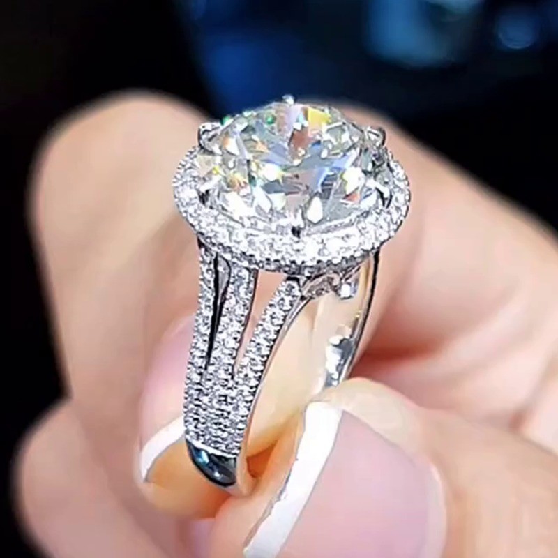 4.2TCW Round Cut Moissanite Three Row Halo Engagement Ring 14K White Gold Plated