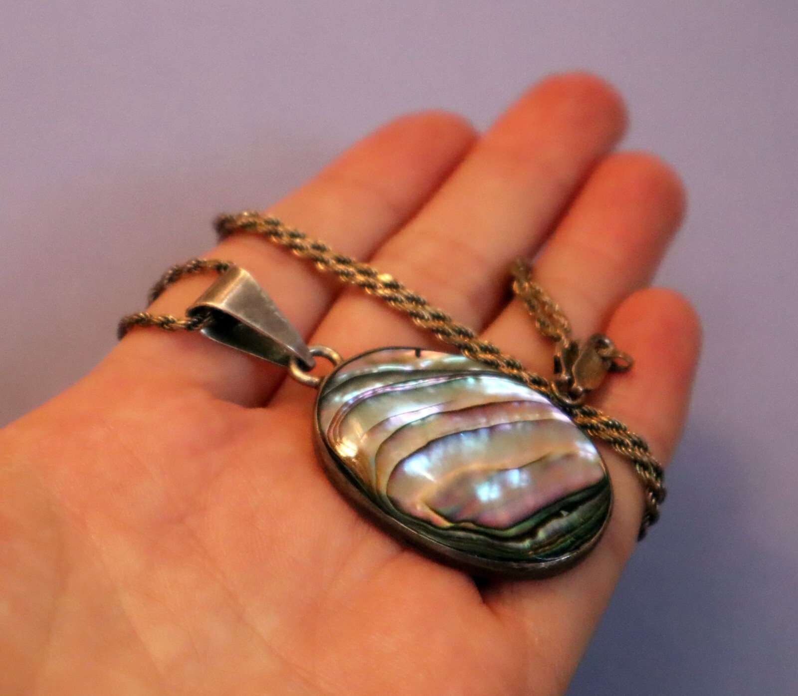 Large Vintage Abalone Shell Pendant Necklace Set Sterling Silver 20.5 in Chain