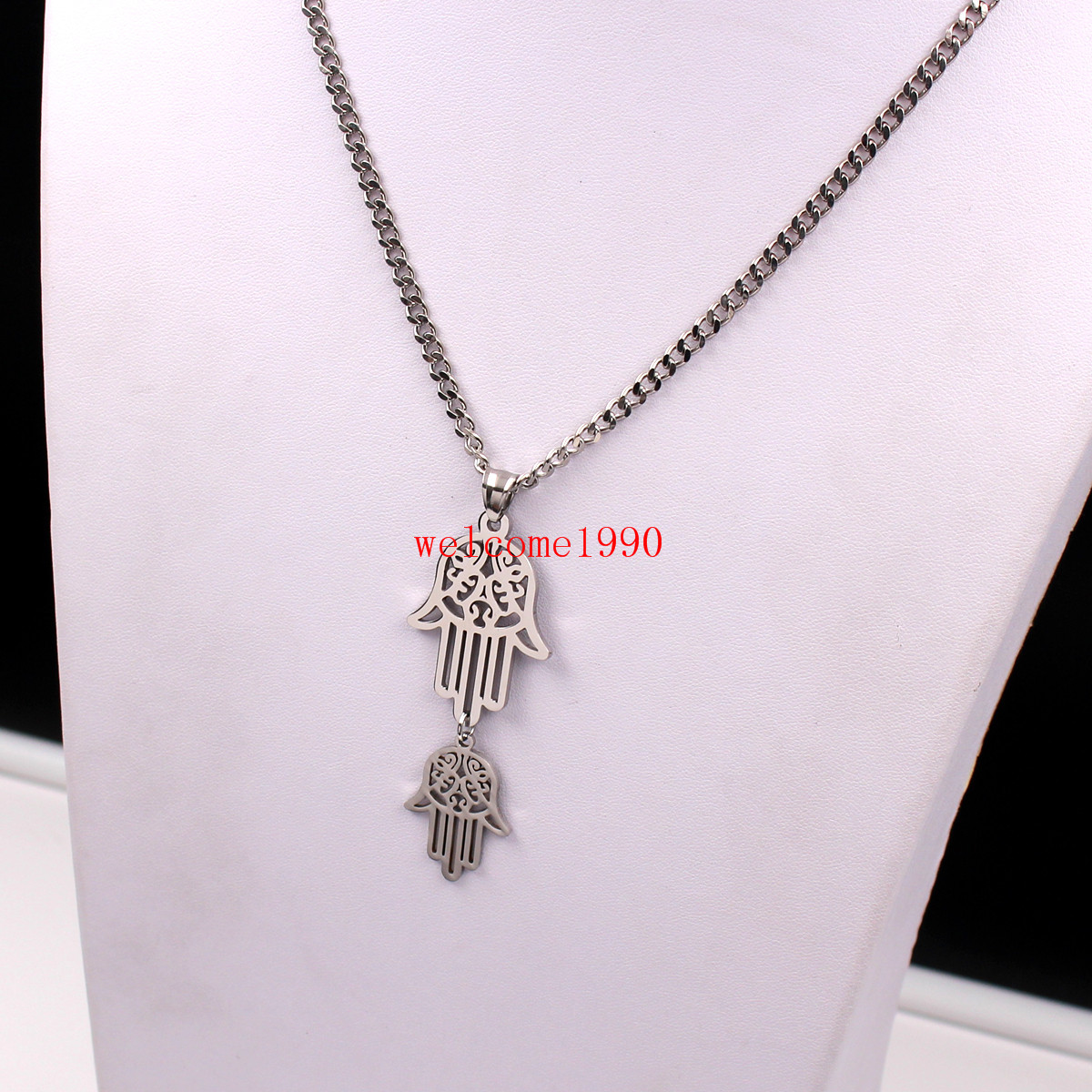 24” Pure Stainless steel Double Open Hamsa Hand Charms Pendant Men’s Necklace