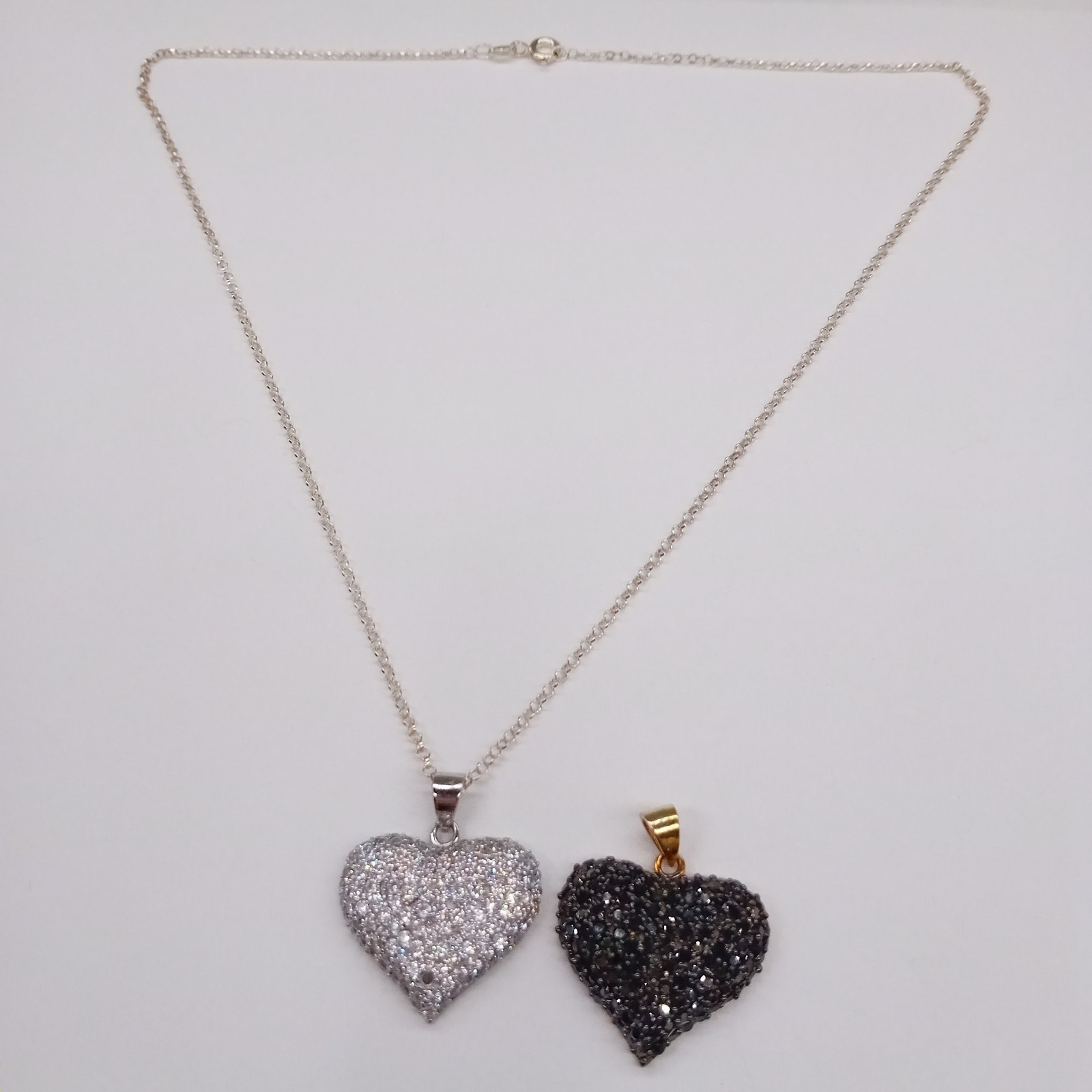 STERLING SILVER Pair of Silver & Black Diamante Heart Pendants Necklace