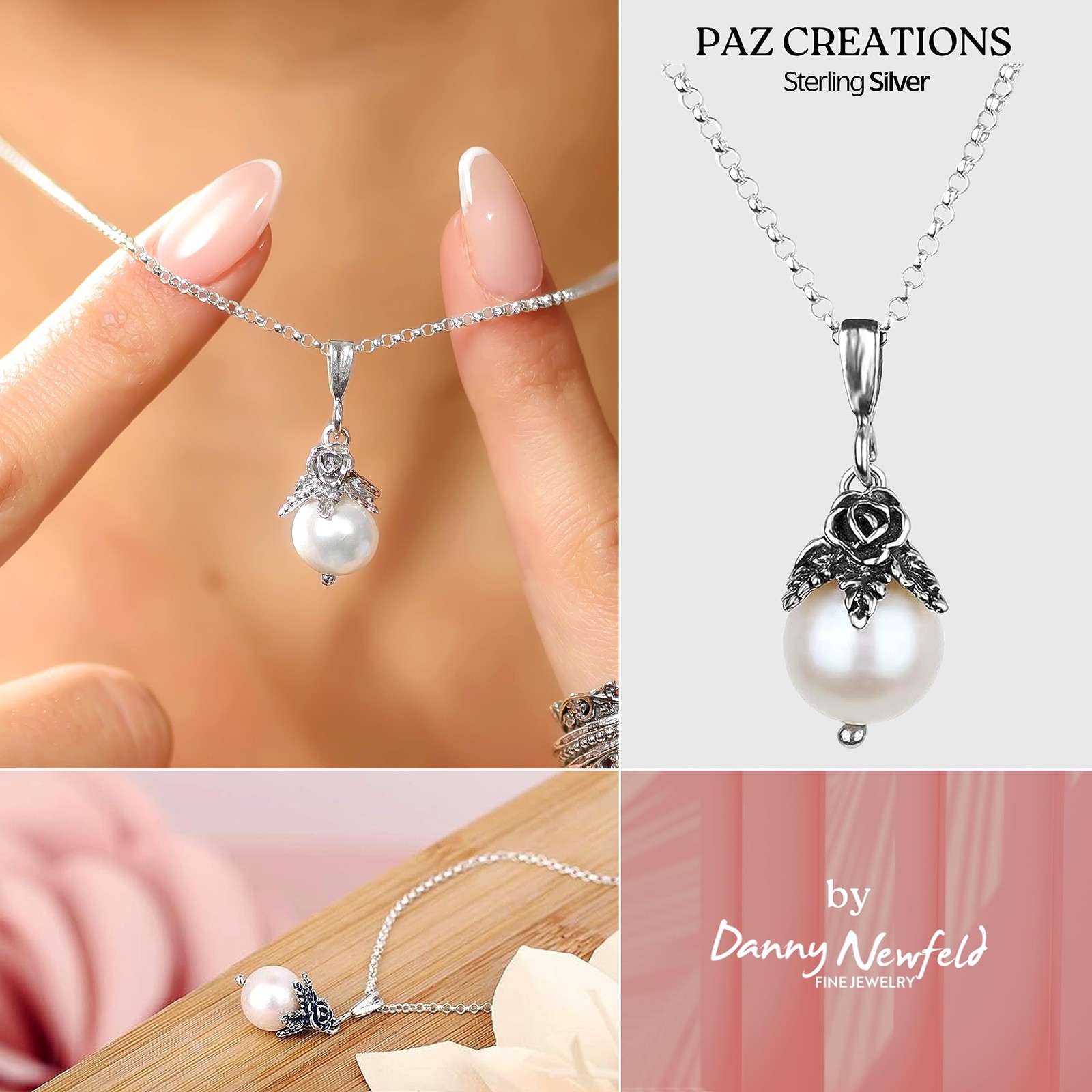 Paz Creations 925 Sterling Silver Pearl Pendant Necklace with Round Ball-Shap…