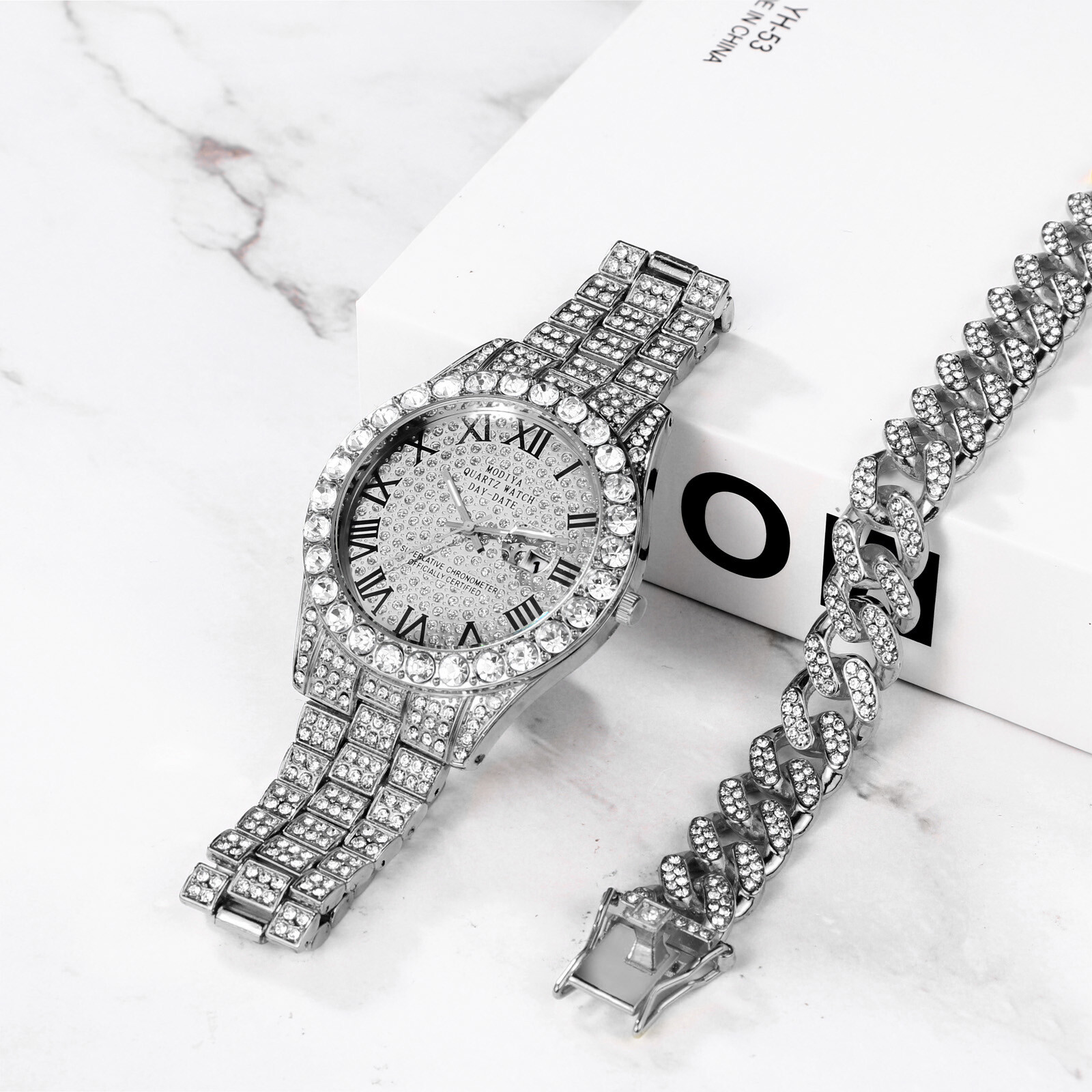 Hip Hop Men CZ Iced Round Stainless Steel Date Quartz Wrist Watch Cuban Bracelet