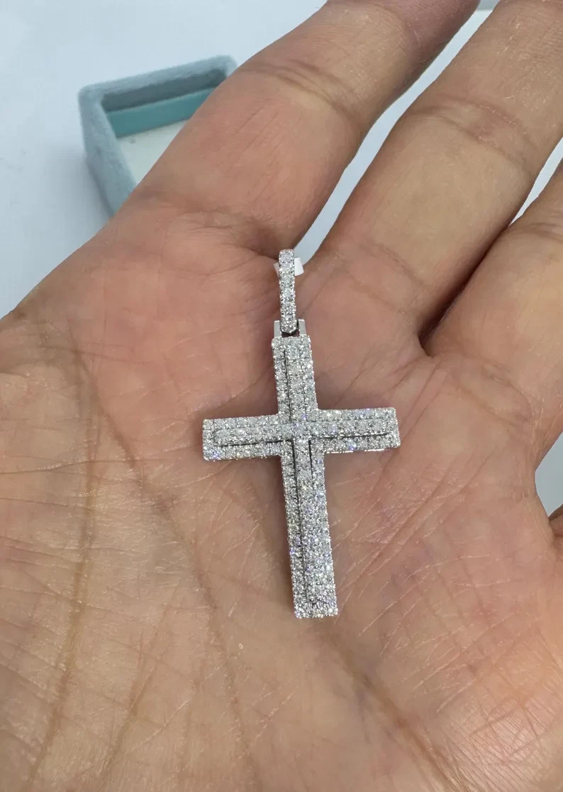 0.89Ct Round Cut Moissanite Cross Square Pave Set Pendant 14K White Gold Plated