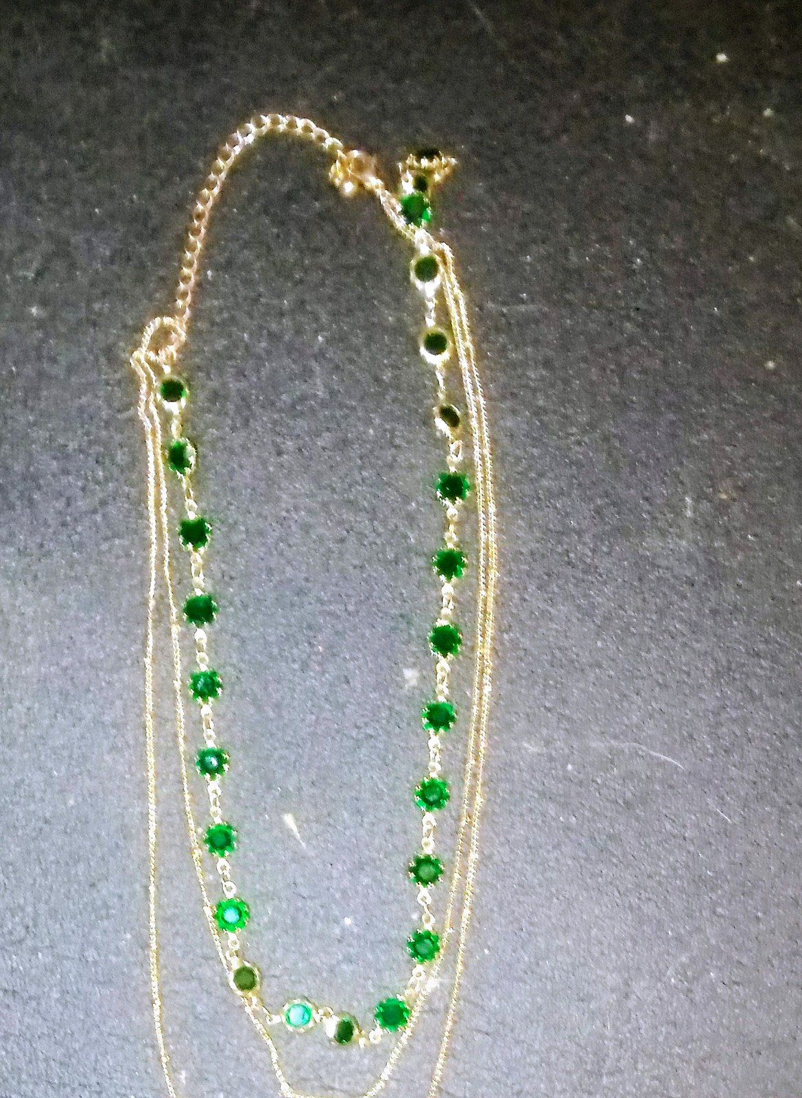 Gold Tone Layered Cable Chain Necklace Green Crystal Stations Oval Charm Pendant