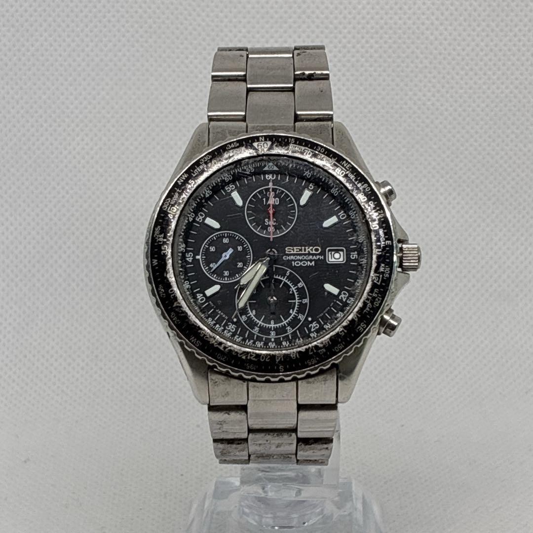 Seiko Chronograph Black Silver Limited 7T92-0CF0 Quartz Wristwatch 17.5cm Wrist
