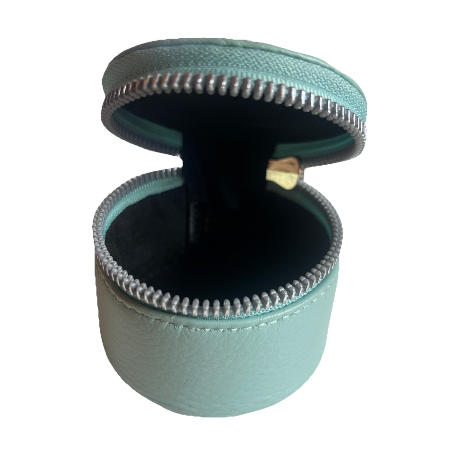 AIMEE Kestenberg Pale Blue Round Leather Silver Zip Compact Travel Jewelry Case