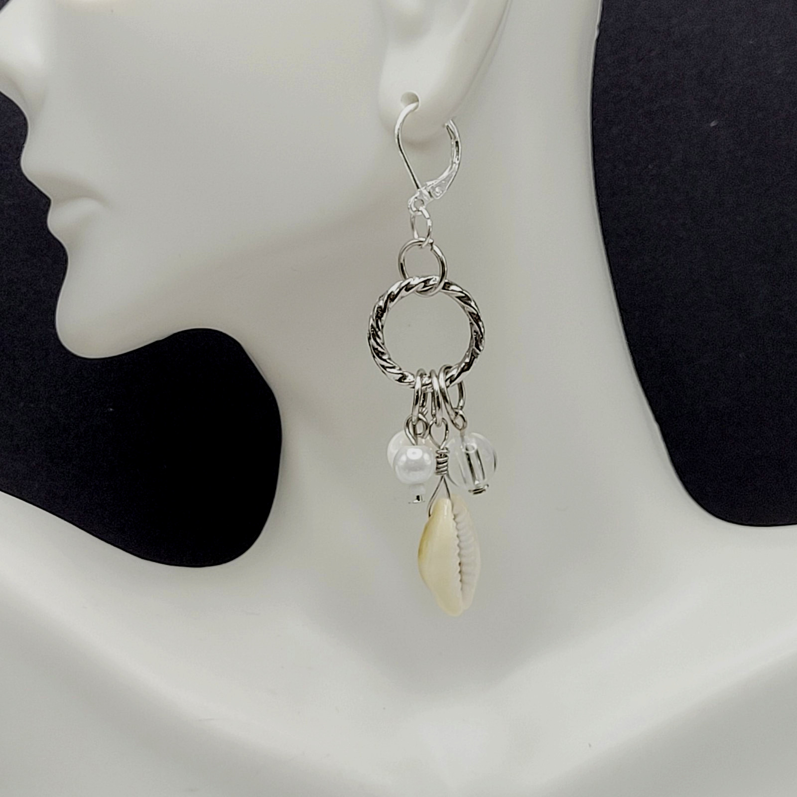 Handcrafted Boho Cowrie Shell Dangle Earrings Silver Tone Cluster Beaded Coastal