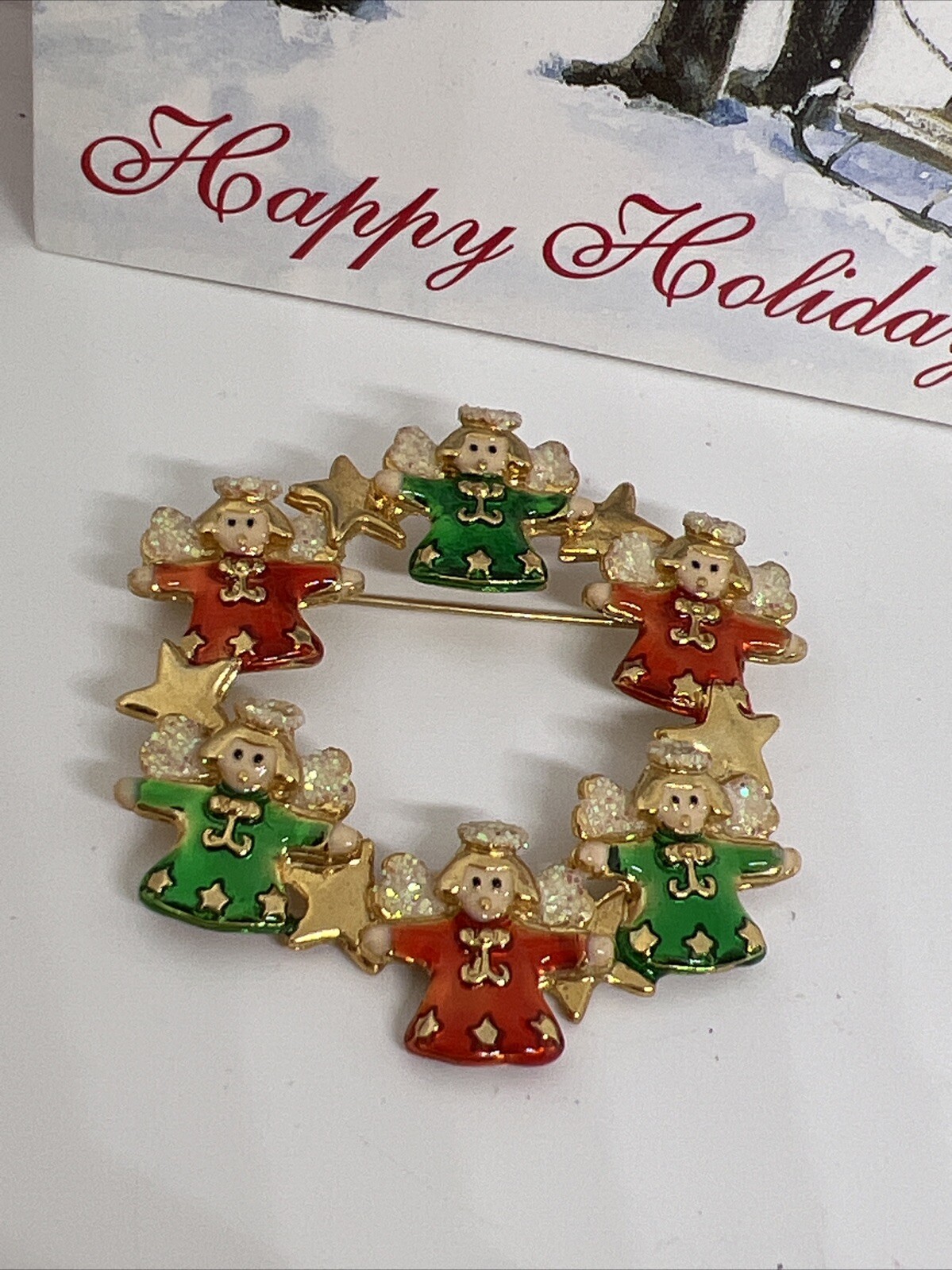 Vintage Signed Danecraft Christmas Angel Wreath 2” Brooch Pin (7023)