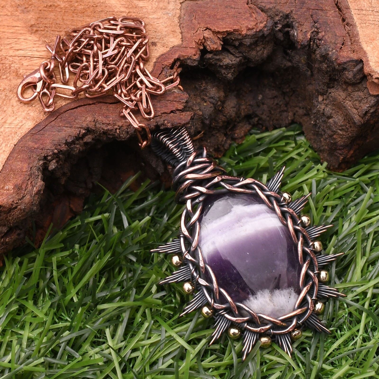 Amethyst Lace Gemstone Copper Wire Wrap Handmade Jewelry Pendant 2.28″