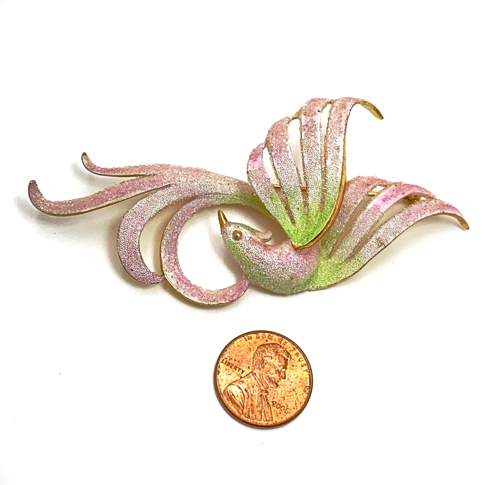 Vintage Brooch Bird of Paradise Pin Pink Green Coralene Sugar Glass Enamel