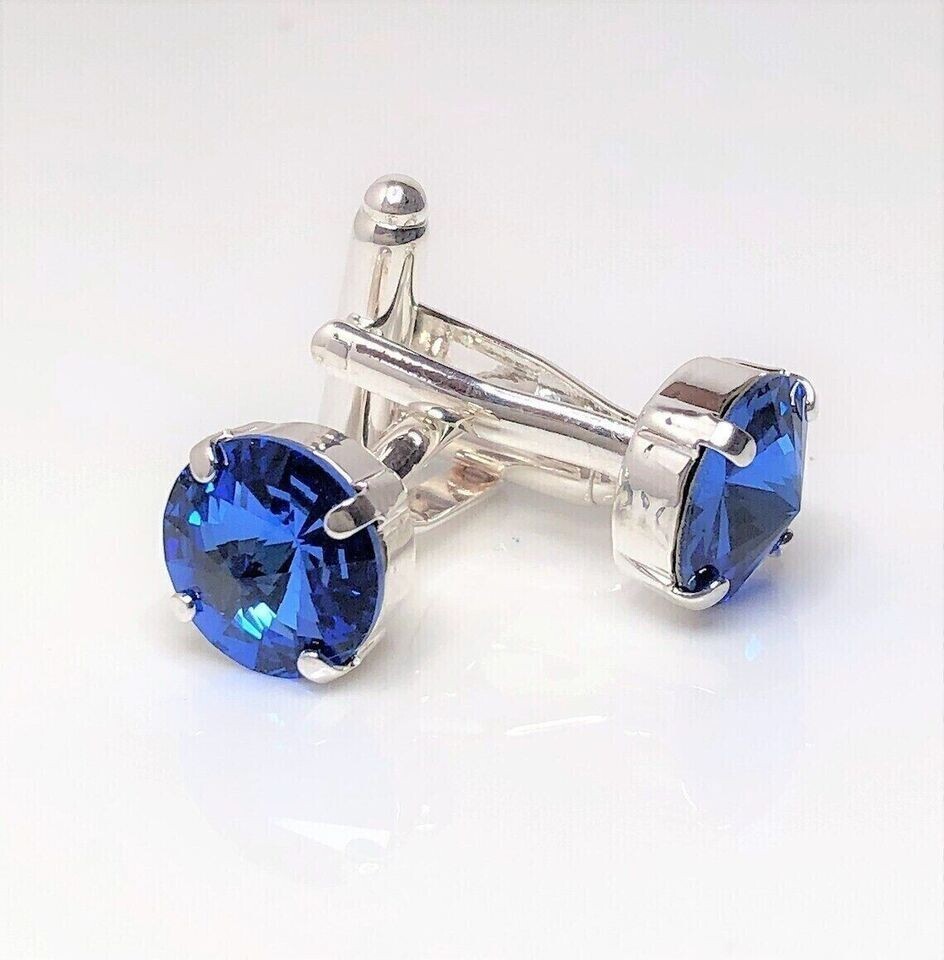 Round Cut Lab Created Blue Sapphire Men’s Cufflink 14K White Gold Plated