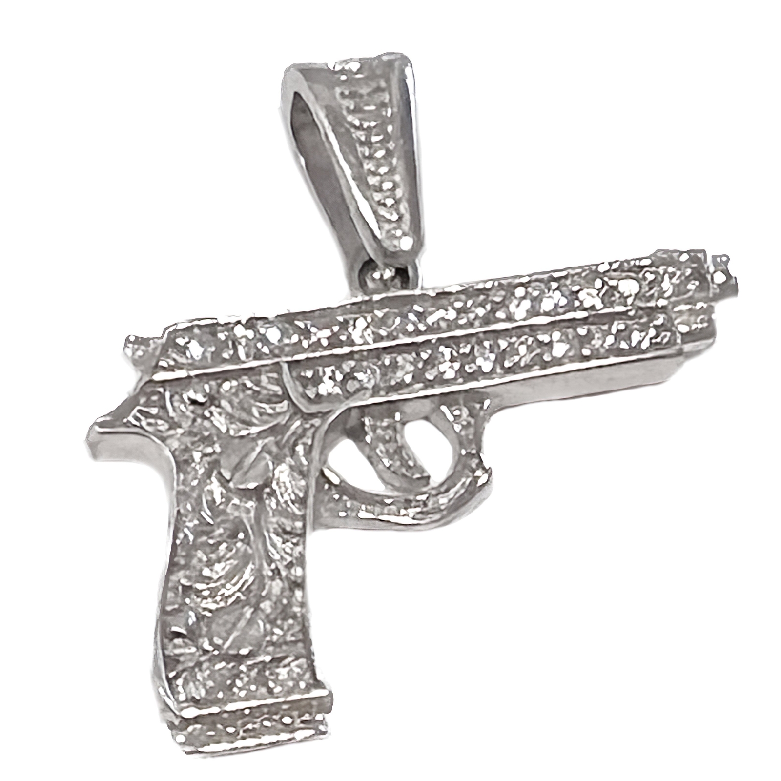 Real Solid 925 Sterling Silver Gun Pistol Scrollwork Engraving Iced CZ Pendant