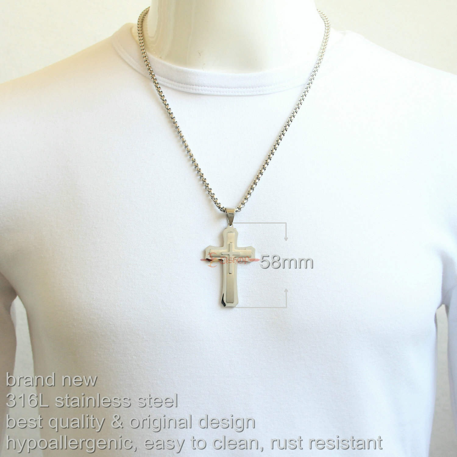 Heavy & Big Mens 3 Layer Stainless Steel Christian Cross Pendant Necklace Silver