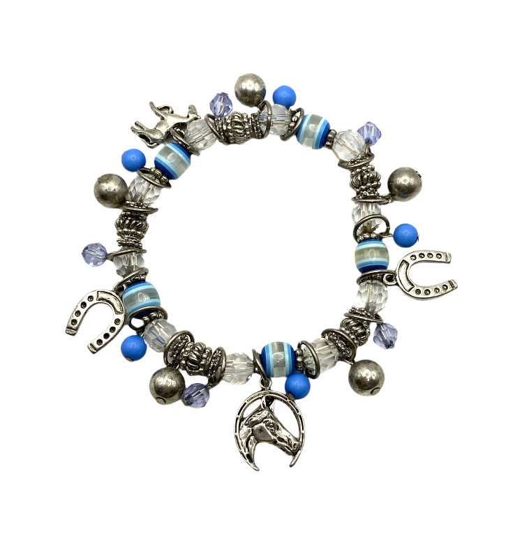 Blue-Clear Beaded Stretch Horse Horseshoe Charm Bracelet Silver Tone Equestrian