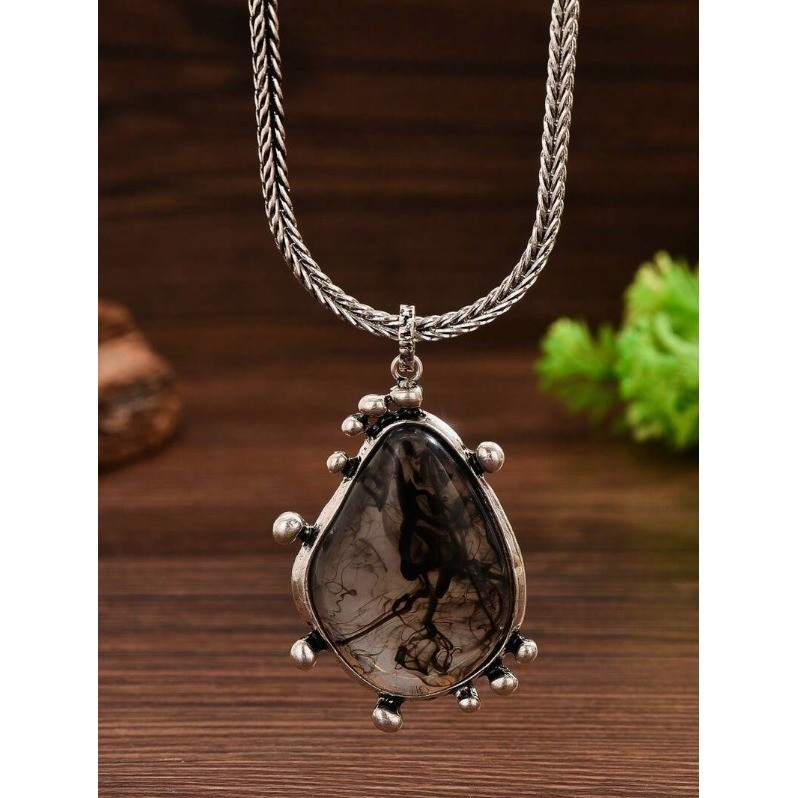 Boho Antiqued Silver Tone Smoky Ink Swirl Teardrop Pendant Wheat Chain Necklace