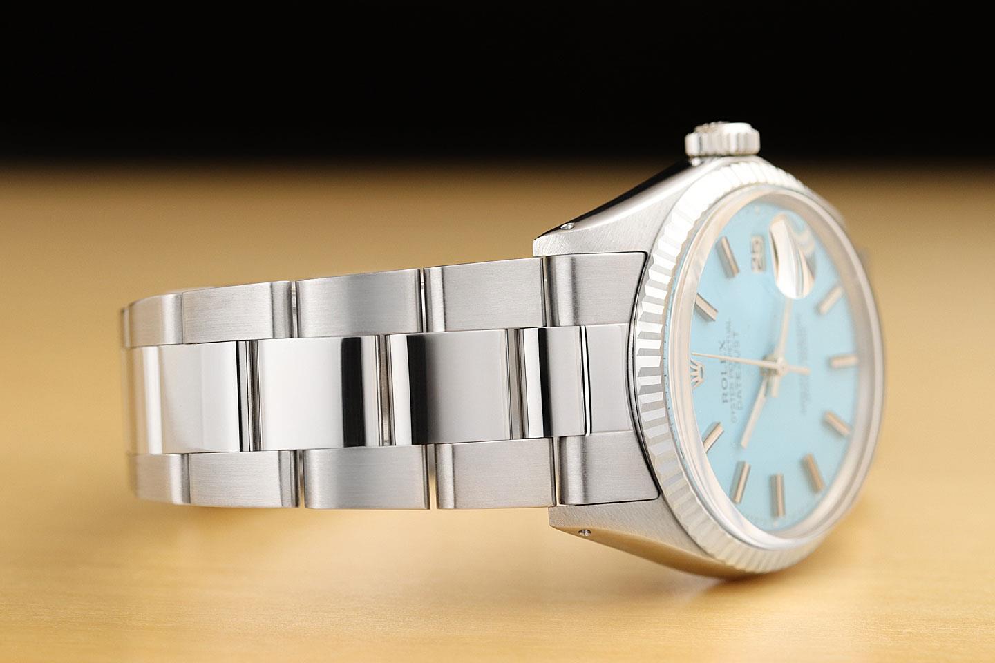 ROLEX MENS DATEJUST 18K WHITE GOLD STAINLESS STEEL AQUA BLUE OYSTER WATCH