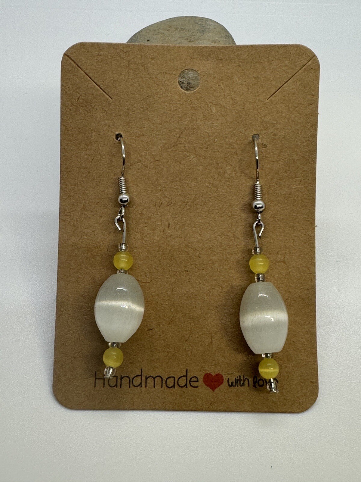 Yellow & White Glass Colored Nickel Free Handmade Dangle/Fishhook Earrings