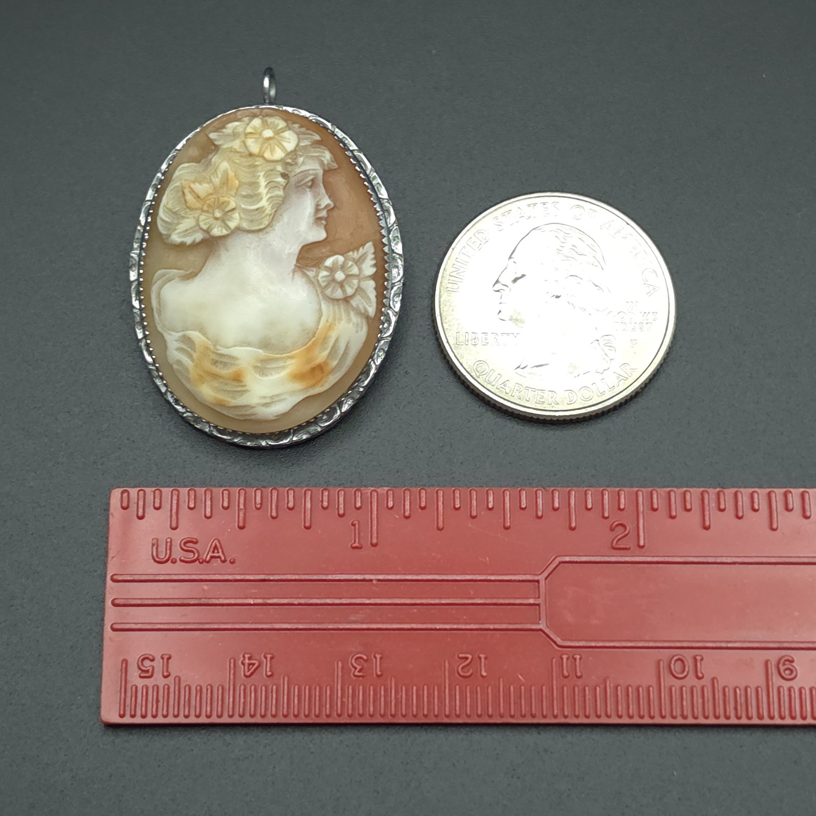 Antique Art Deco Hand Carved Shell Cameo Pendant Brooch Floral Lady Silver Tone