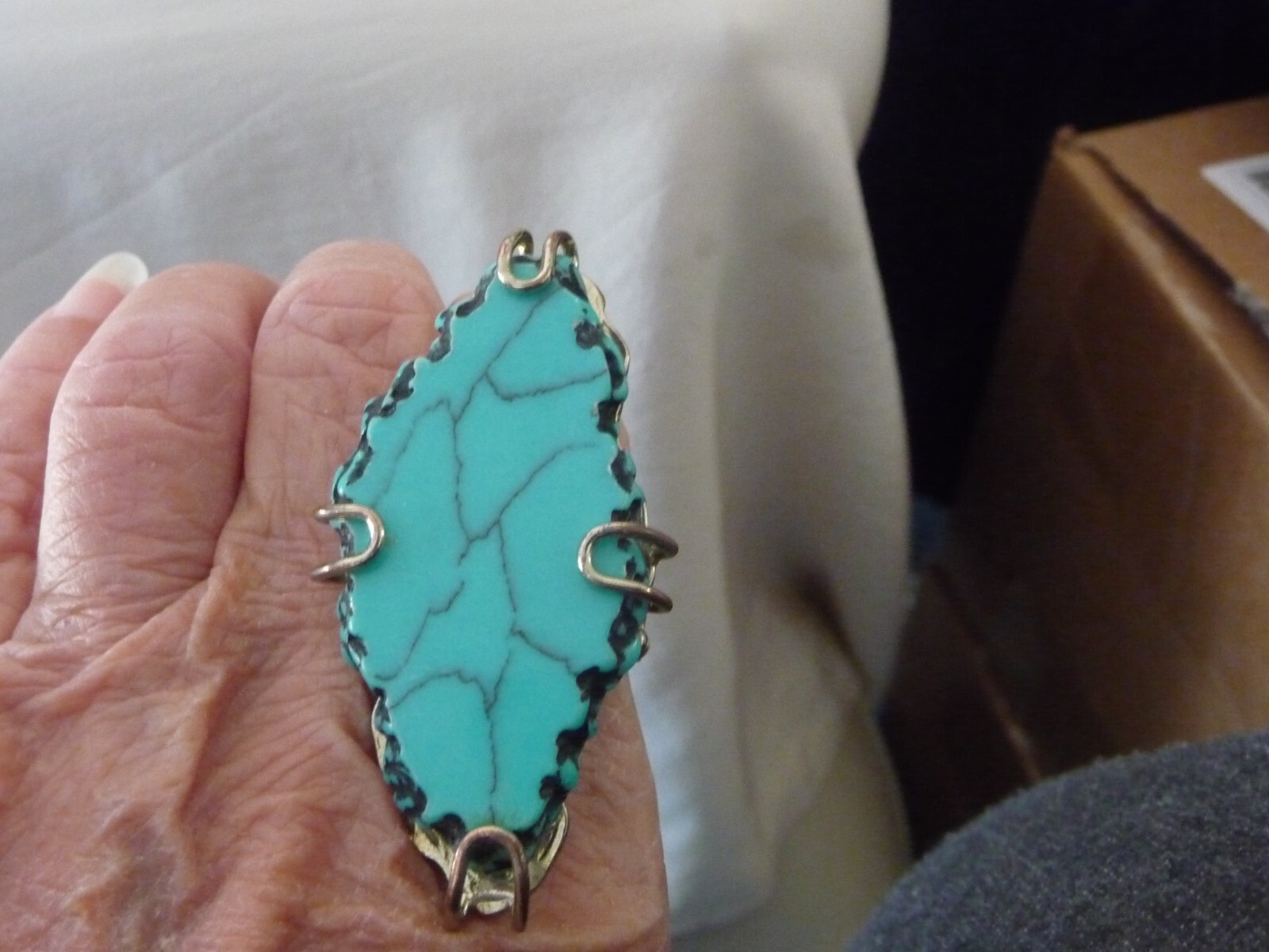 STATEMENE Lrg 2″ L x 1″ W TURQUOISE STONE SILVER TONE STRETCH Sz 9 RING #7/14 M