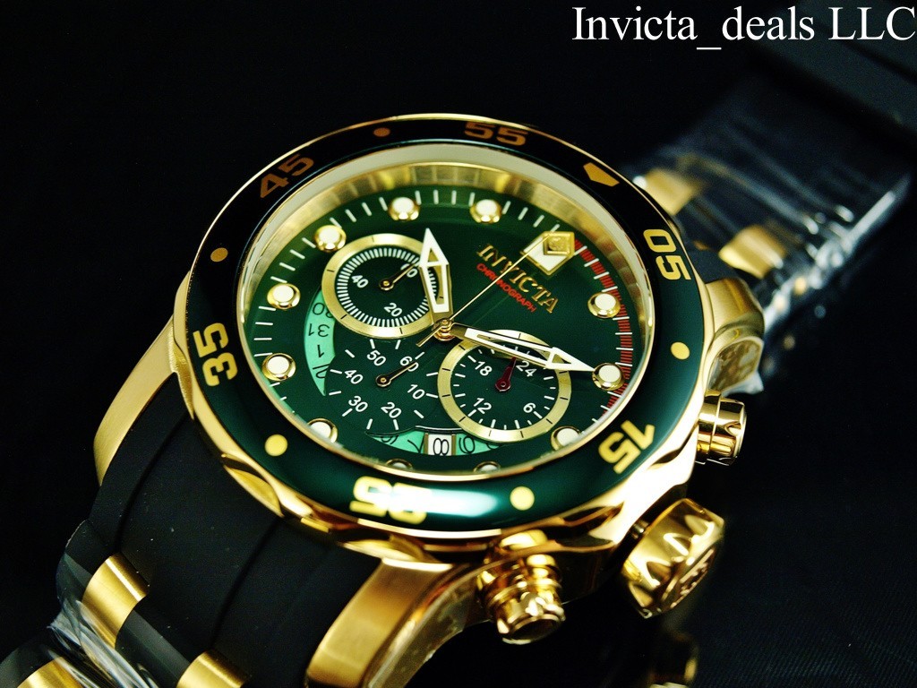 Invicta Men’s 48mm PRO DIVER SCUBA Chronograph GREEN Dial Gold Tone SS Watch