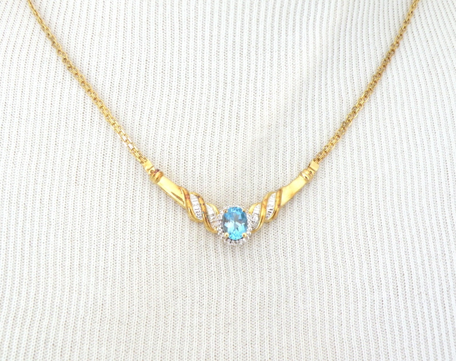 14K Gold on Sterling Silver 925 Natural Heated Blue Topaz Diamond Necklace 18″