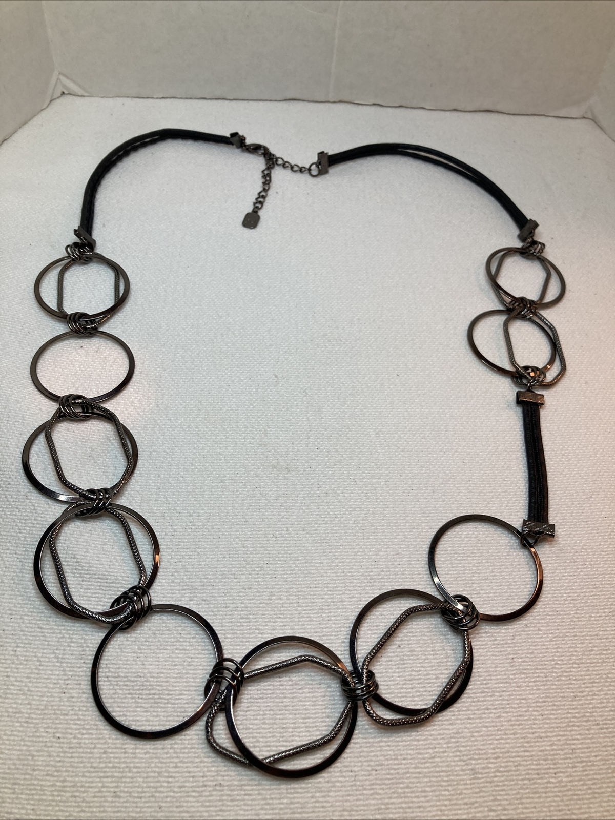 Unique Signed Faux Leather Metal Loop Statement Necklace