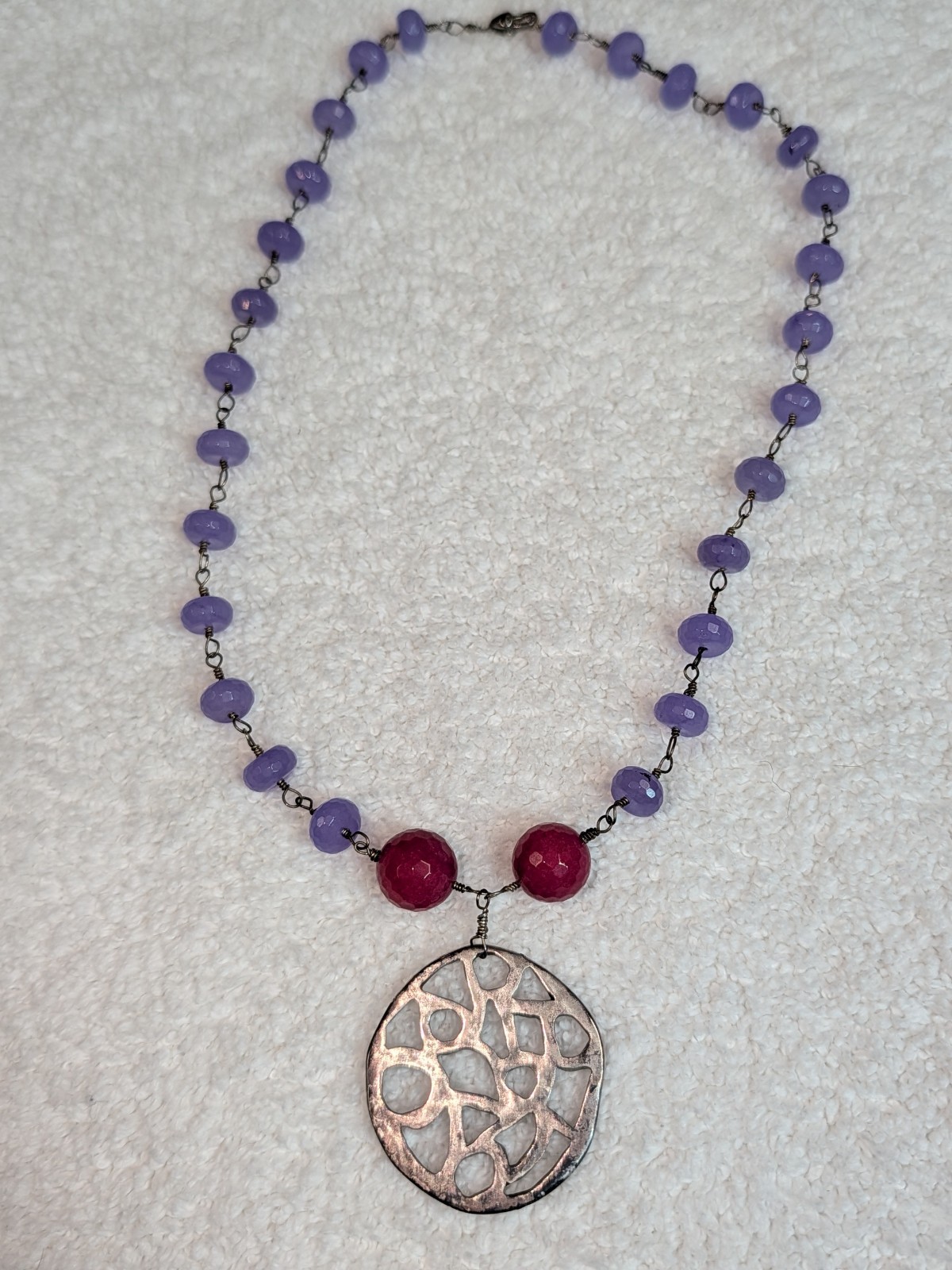 Artisan Sterling Silver Necklace Wire Wrapped Faceted Lavander Chalcedony & Pink