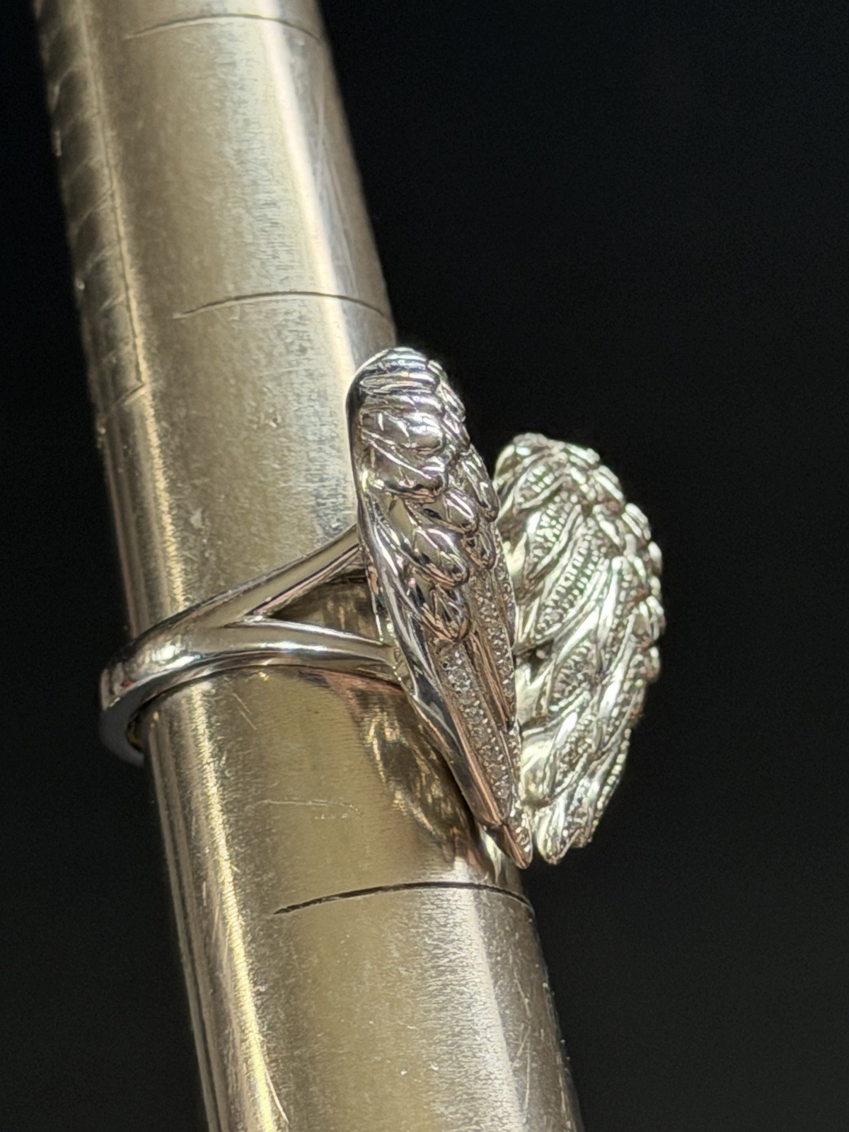 Sterling Silver 925 Angel Wings Studded With Diamonds Ring Size 5 WOW!!