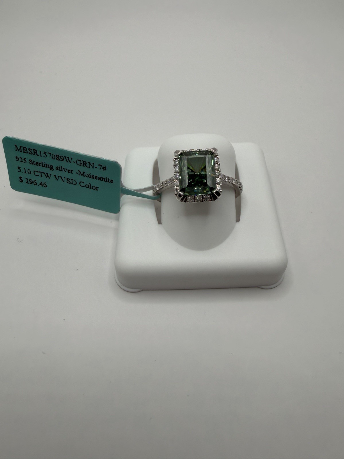 Stamped 925 Sterling Silver Moissanite Green Emerald Prong Halo Ring Size 7