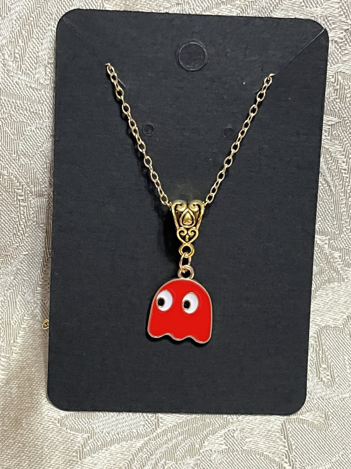 PAC Man Blinky Red Ghost Gold Enamel Fashion Video Game Novelty 18” Necklace
