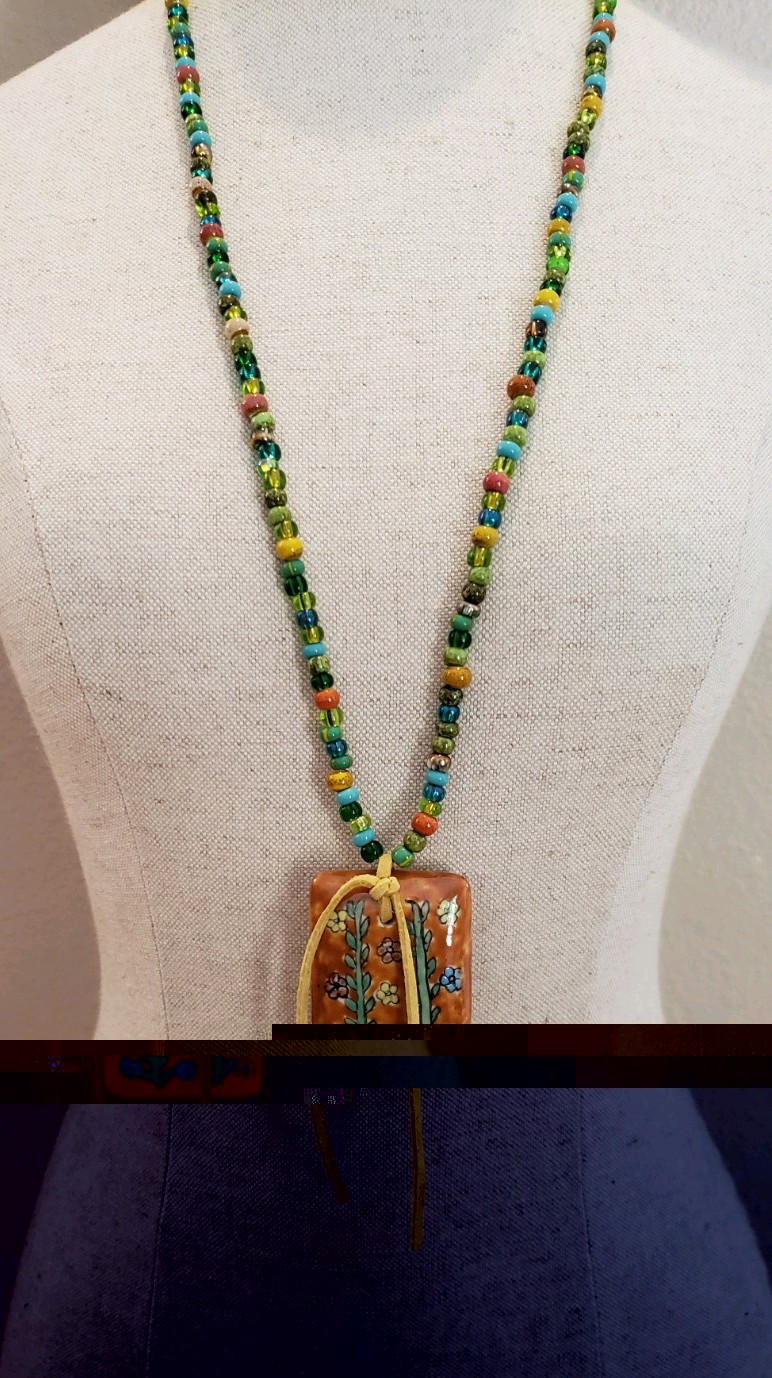 Handmade Ceramic Floral Pendant Necklace Czech Glass Beads Boho 32″ OOAK