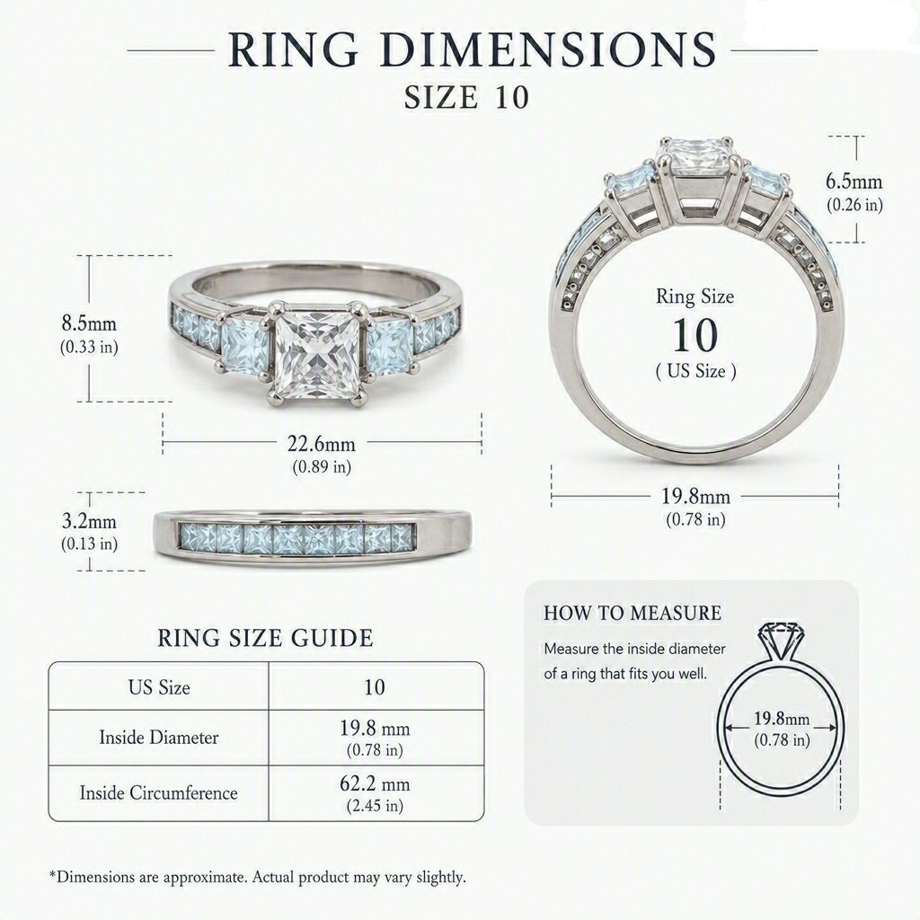 10K White Gold 3-Stone CZ Ring Princess Cut Channel Set Size 10 Statement