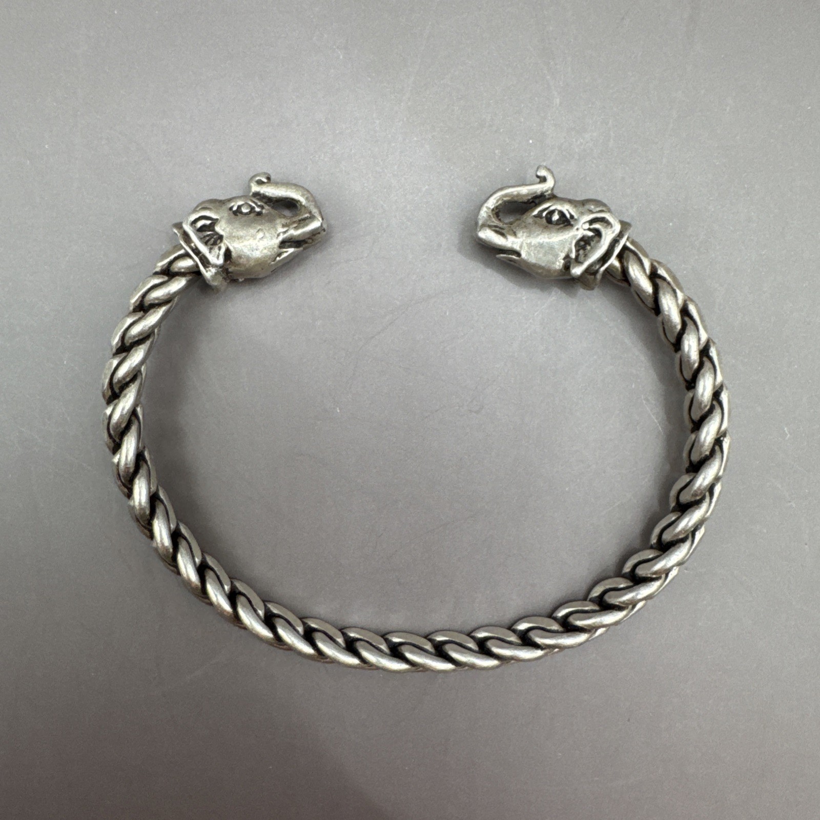 Sterling Silver Elephant Head Cuff Bracelet Open Ended Braided Bangle 39 grams