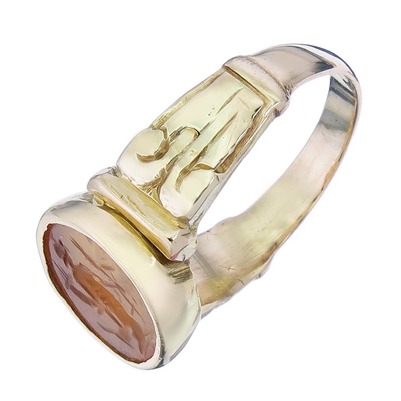 Signet Ring Colour Stone Figurine 750 Yellow Gold Antique