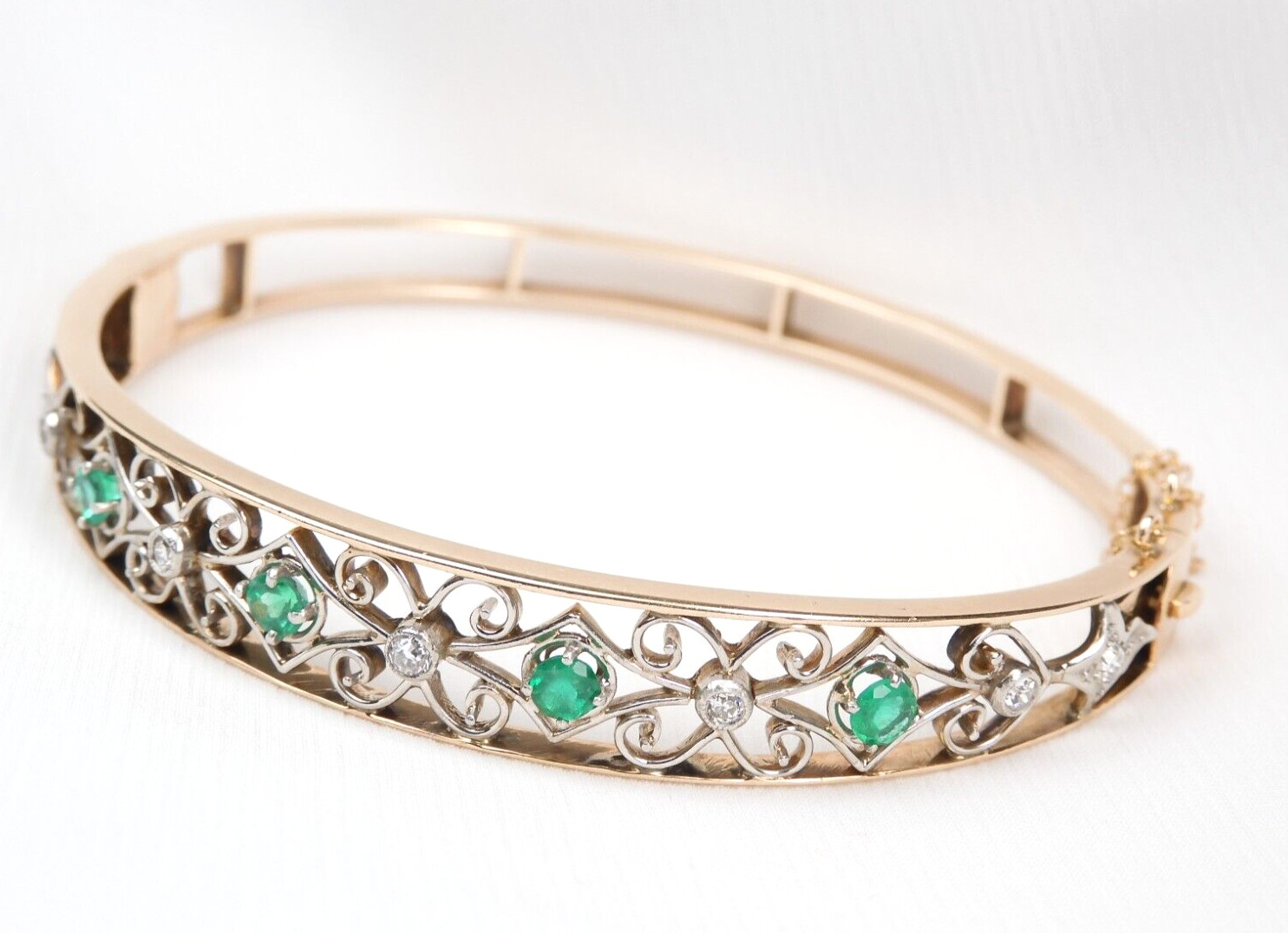 Antique Colombian Emerald & Diamond 1.03 CTW Bracelet 14K Gold Filigree Muzo Min
