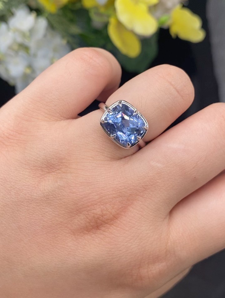 14K White Gold Bridal Ring, Blue sapphire Cushion Cut Diamond Ring in 4.00 Ct