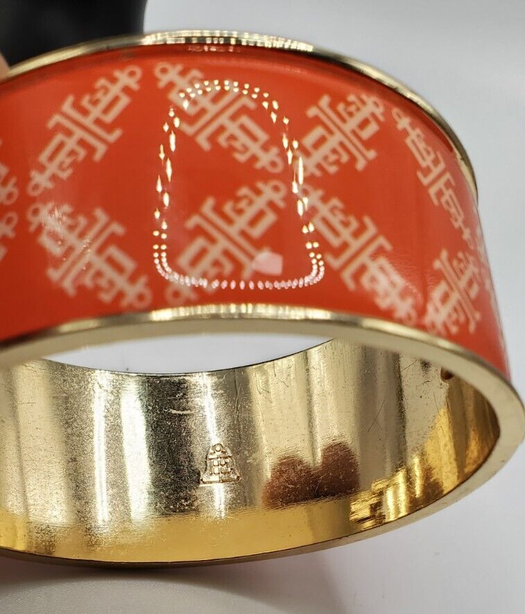 Lands End Gold Tone Orange with White Logo Enamel bangle /Cuff Bracelet
