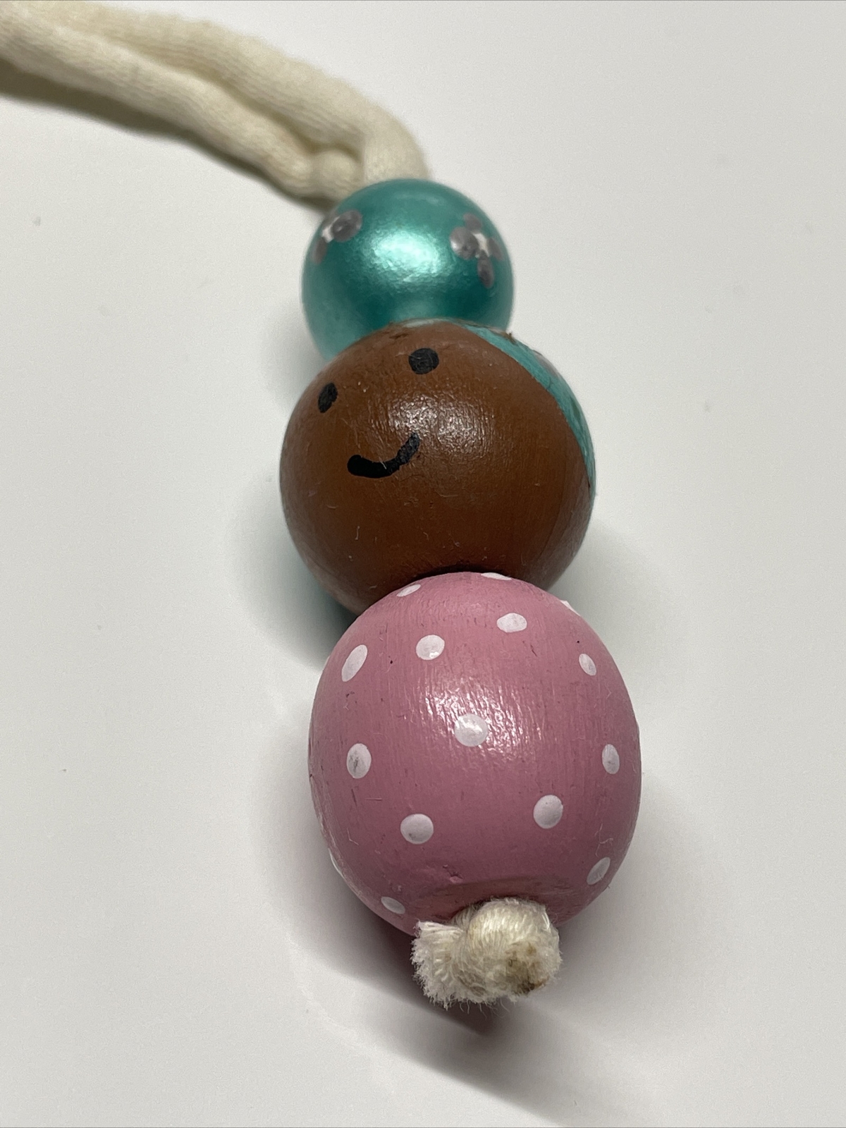 Vintage wooden handmade doll necklace hand painted Beads Pink Aqua Blue